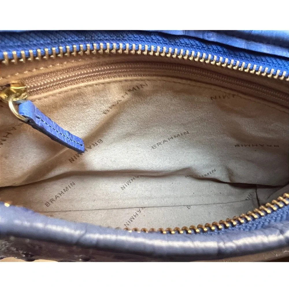 Brahmin Periwinkle Blue Ostrich Embossed Leather Small Shoulder Bag Gold Logo‎